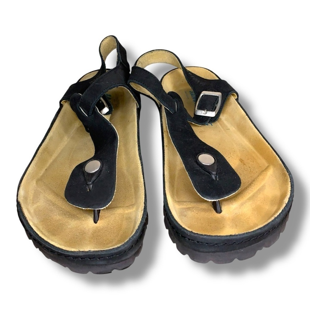 Size 10.5 Sanosan Black Sandals Womens Nubuck Leather Comfort Cork Midsole